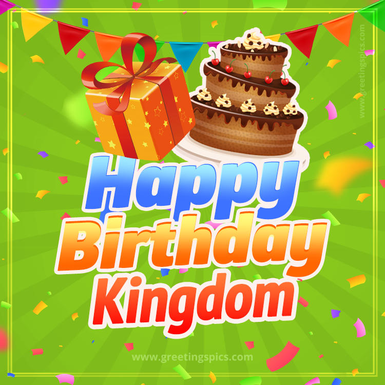 Happy Birthday Kingdom picture with flags, chocolate cake and gift box (square shape image)