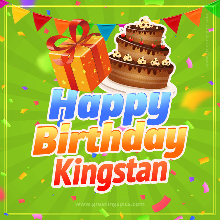 Happy Birthday Kingstan picture with flags, chocolate cake and gift box (square shape image)