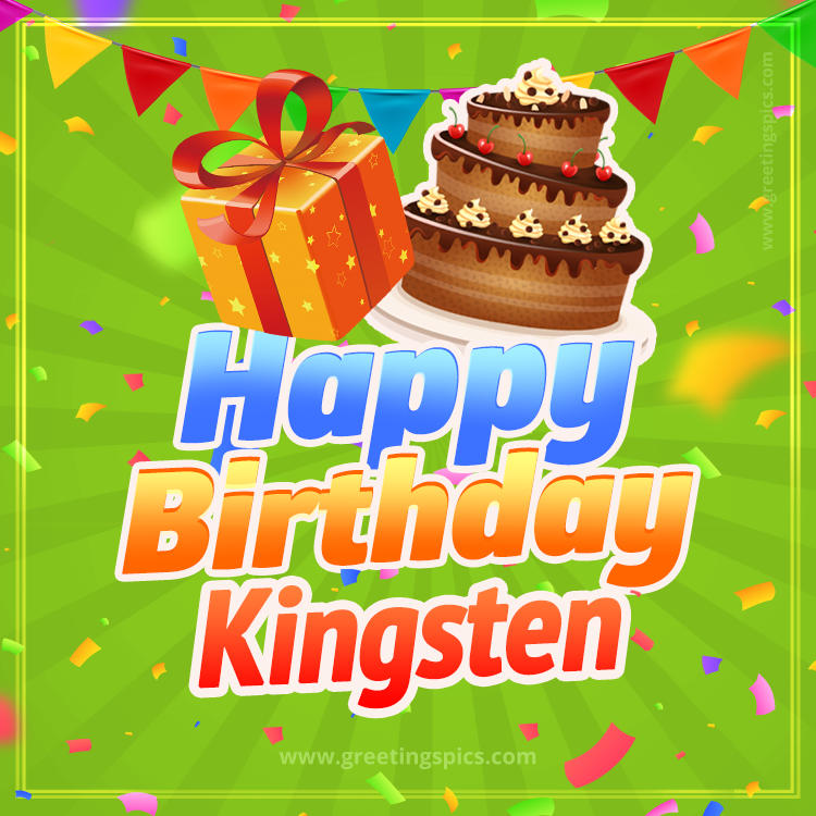 Happy Birthday Kingsten picture with flags, chocolate cake and gift box (square shape image)