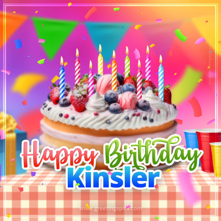 Happy Birthday Kinsler Colorful Image with fruit cake and candles (square shape image)