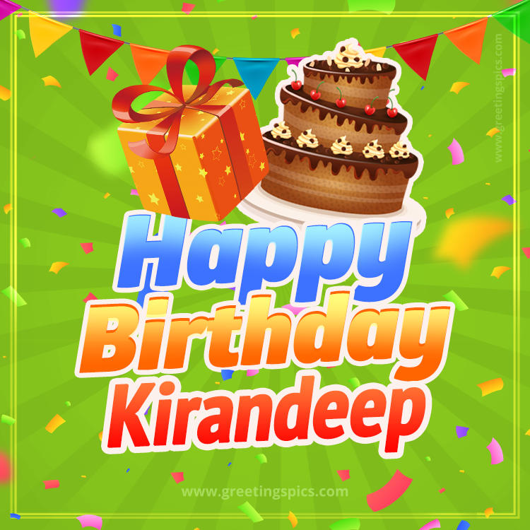 Happy Birthday Kirandeep picture with flags, chocolate cake and gift box (square shape image)