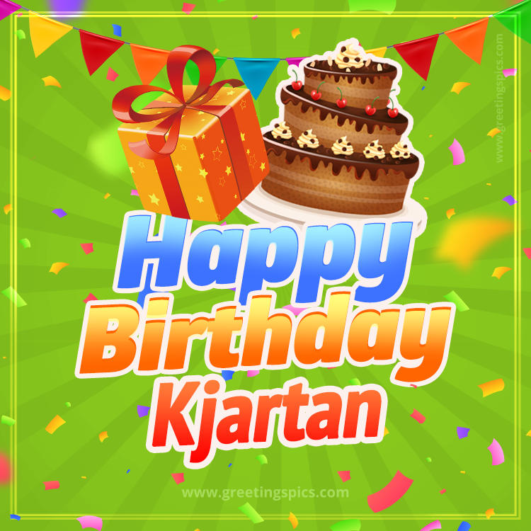 Happy Birthday Kjartan picture with flags, chocolate cake and gift box (square shape image)