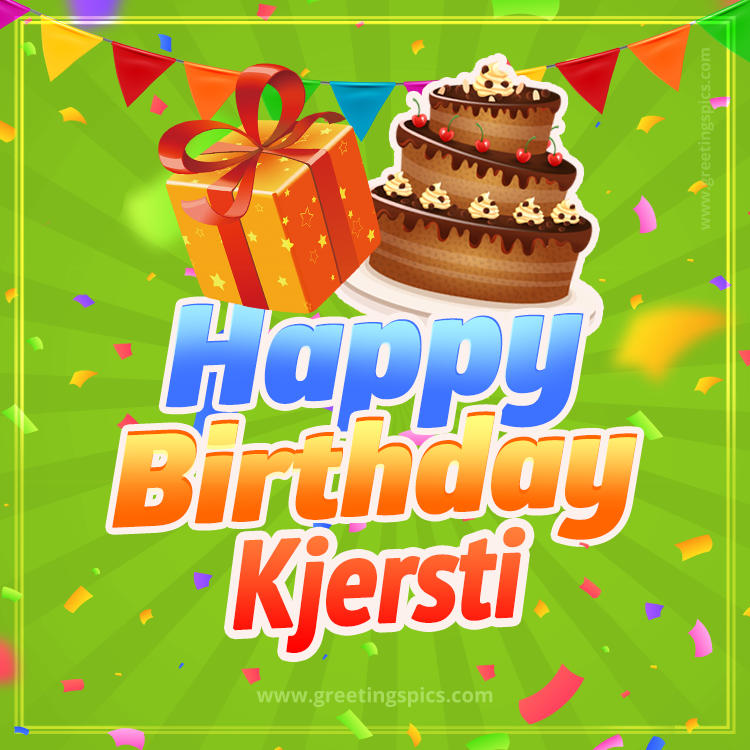 Happy Birthday Kjersti picture with flags, chocolate cake and gift box (square shape image)