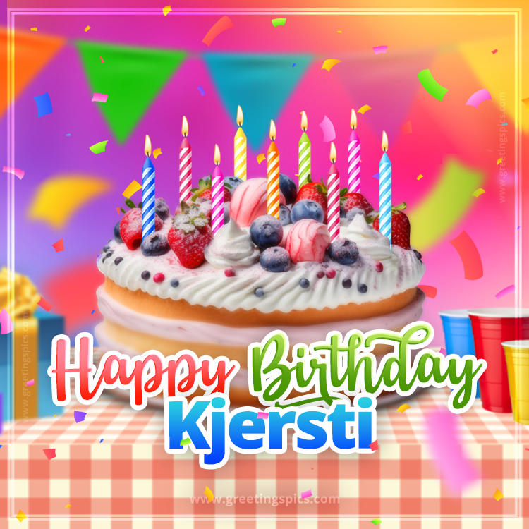 Happy Birthday Kjersti Colorful Image with fruit cake and candles (square shape image)