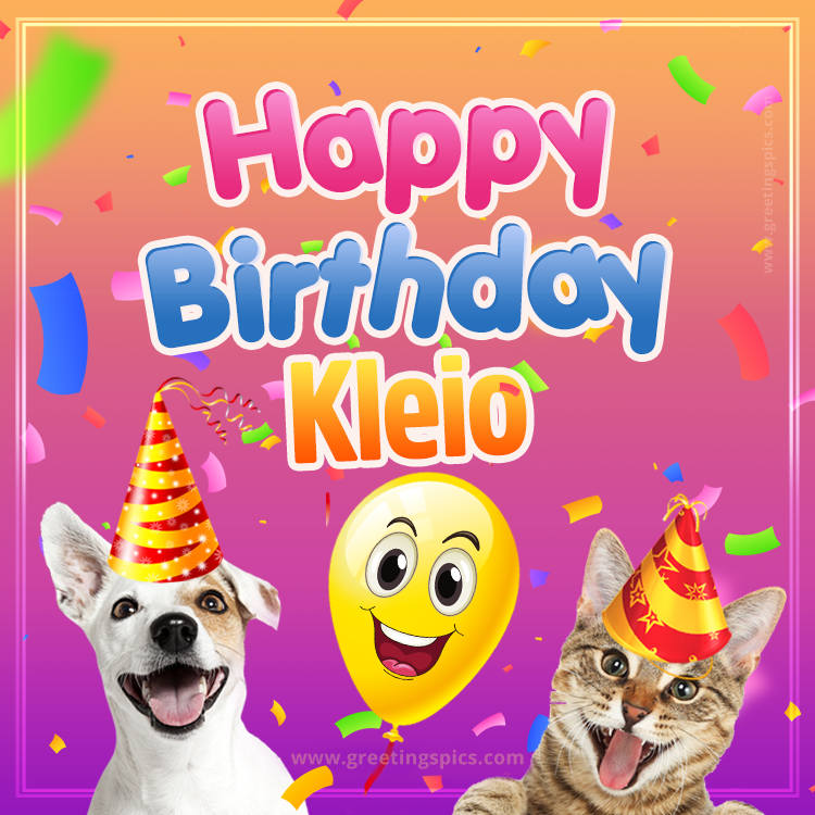 Happy Birthday Kleio Funny Image with cat and dog (square shape image)