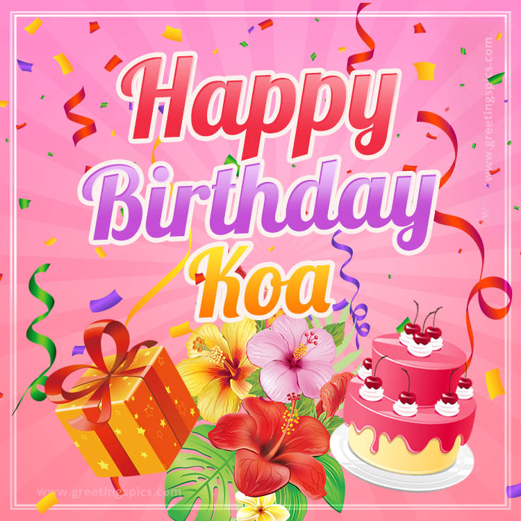 Beautiful Birthday Card for Koa with Cake and bouquet of flowers (square shape image)