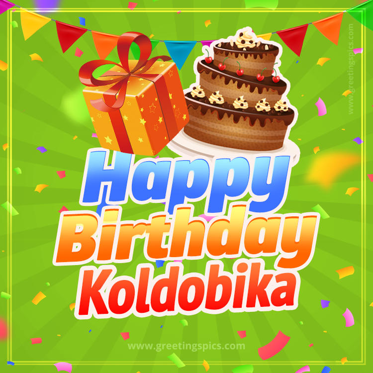 Happy Birthday Koldobika picture with flags, chocolate cake and gift box (square shape image)