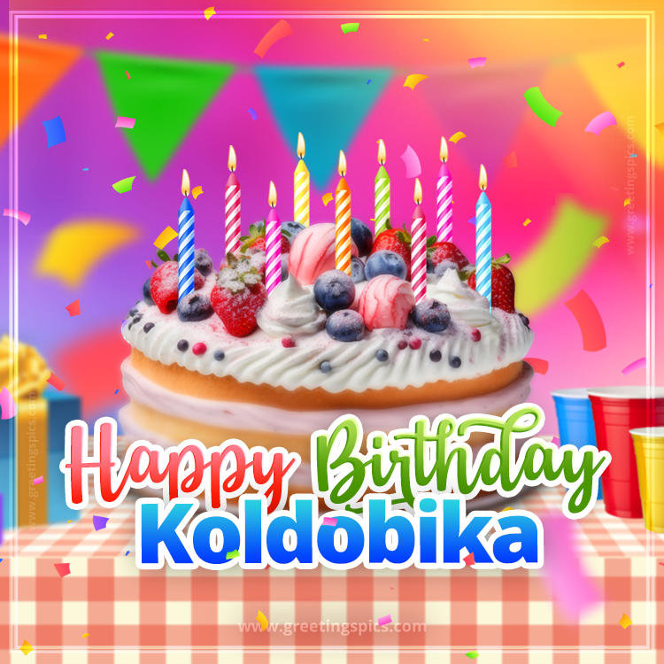 Happy Birthday Koldobika Colorful Image with fruit cake and candles (square shape image)