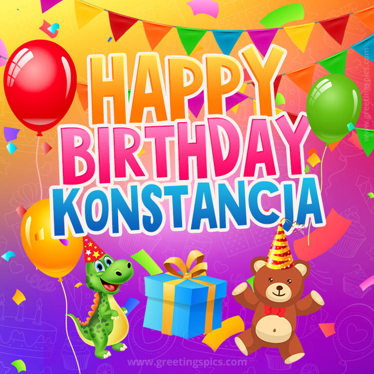 Happy Birthday Konstancja Image for a child with cute dinosaur and bear (square shape image)