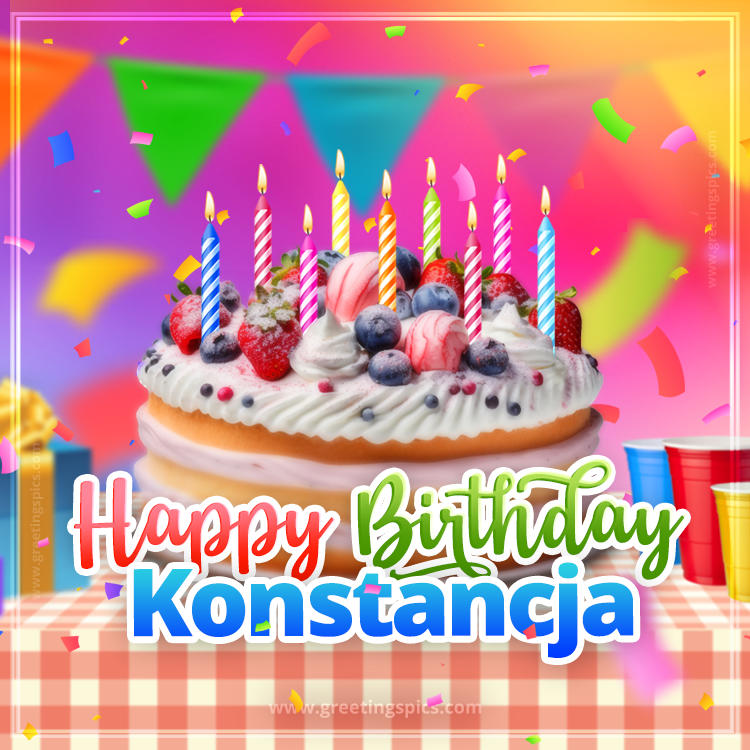 Happy Birthday Konstancja Colorful Image with fruit cake and candles (square shape image)