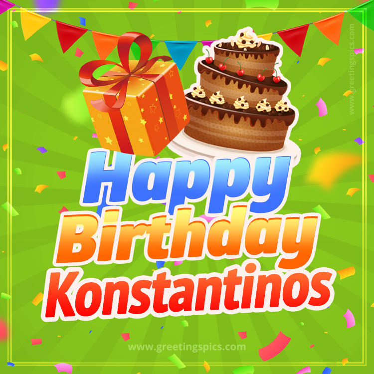 Happy Birthday Konstantinos picture with flags, chocolate cake and gift box (square shape image)