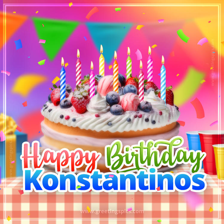 Happy Birthday Konstantinos Colorful Image with fruit cake and candles (square shape image)