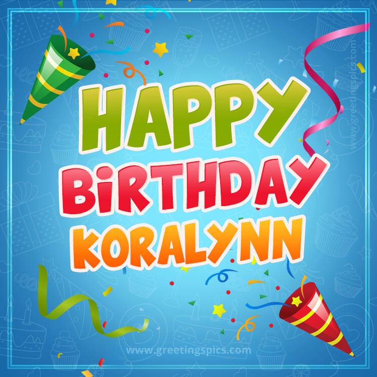 Happy Birthday Koralynn picture with confetti and party poppers (square shape image)