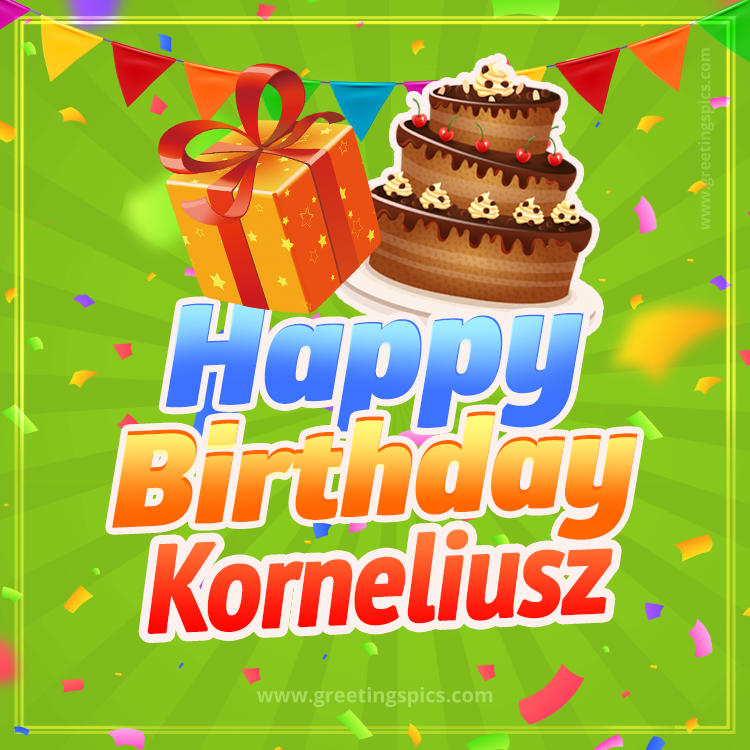 Happy Birthday Korneliusz picture with flags, chocolate cake and gift box (square shape image)