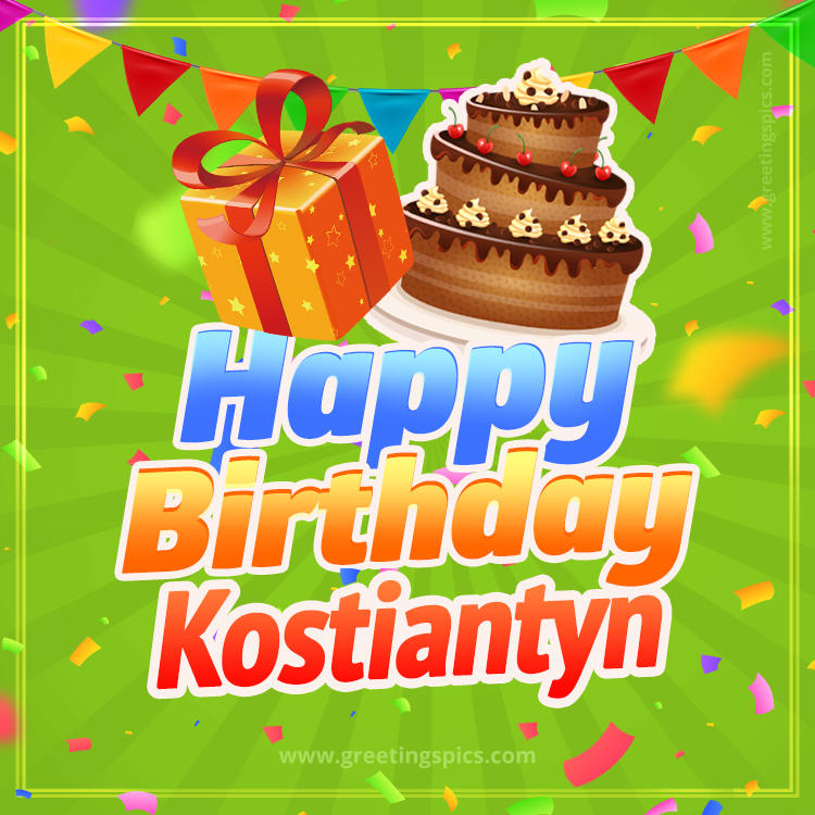 Happy Birthday Kostiantyn picture with flags, chocolate cake and gift box (square shape image)