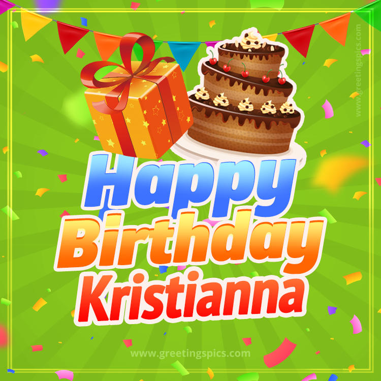 Happy Birthday Kristianna picture with flags, chocolate cake and gift box (square shape image)