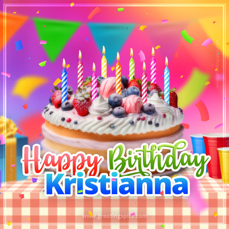 Happy Birthday Kristianna Colorful Image with fruit cake and candles (square shape image)