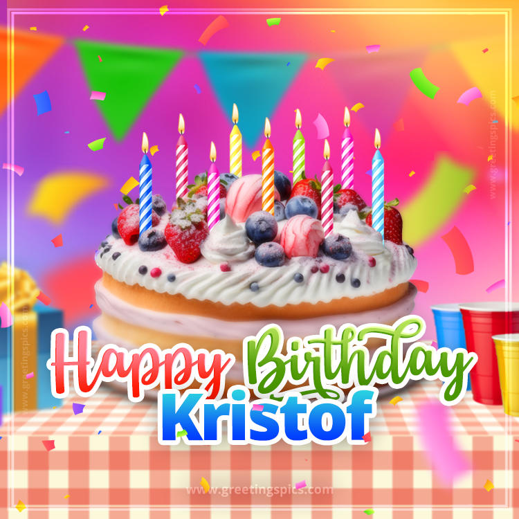 Happy Birthday Kristof Colorful Image with fruit cake and candles (square shape image)