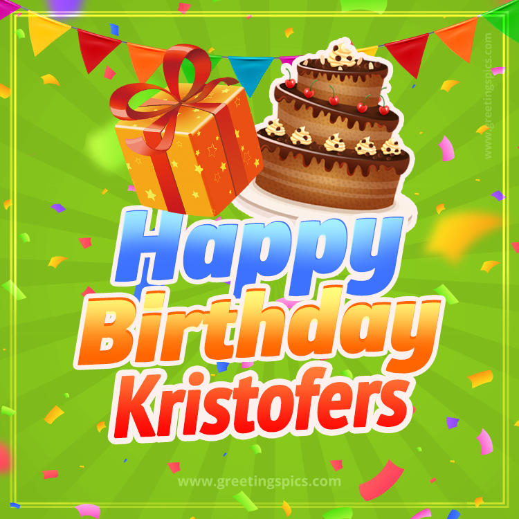 Happy Birthday Kristofers picture with flags, chocolate cake and gift box (square shape image)