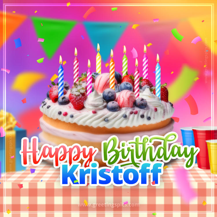 Happy Birthday Kristoff Colorful Image with fruit cake and candles (square shape image)