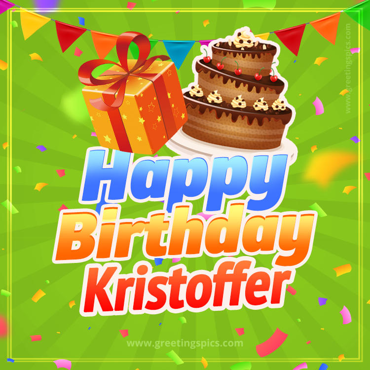 Happy Birthday Kristoffer picture with flags, chocolate cake and gift box (square shape image)