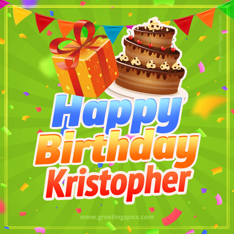 Happy Birthday Kristopher picture with flags, chocolate cake and gift box (square shape image)