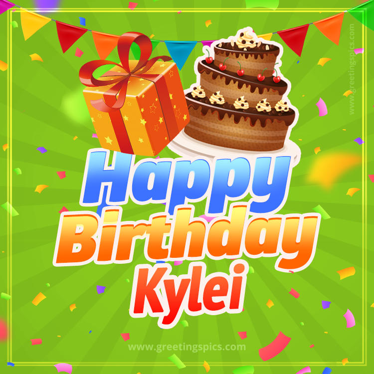Happy Birthday Kylei picture with flags, chocolate cake and gift box (square shape image)