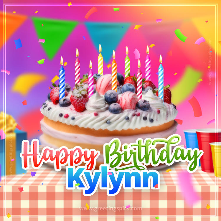 Happy Birthday Kylynn Colorful Image with fruit cake and candles (square shape image)