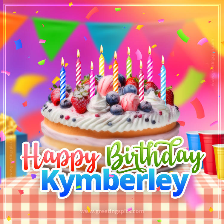 Happy Birthday Kymberley Colorful Image with fruit cake and candles (square shape image)