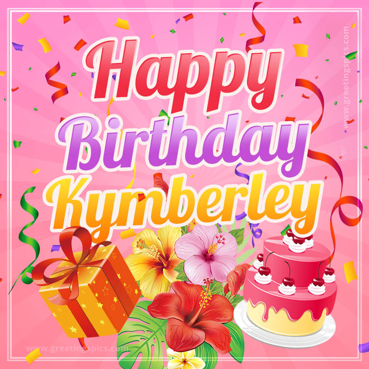 Beautiful Birthday Card for Kymberley with Cake and bouquet of flowers (square shape image)