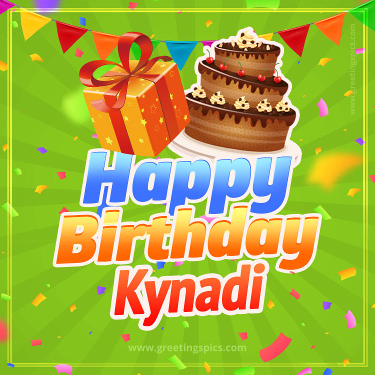 Happy Birthday Kynadi picture with flags, chocolate cake and gift box (square shape image)