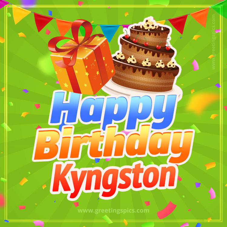 Happy Birthday Kyngston picture with flags, chocolate cake and gift box (square shape image)