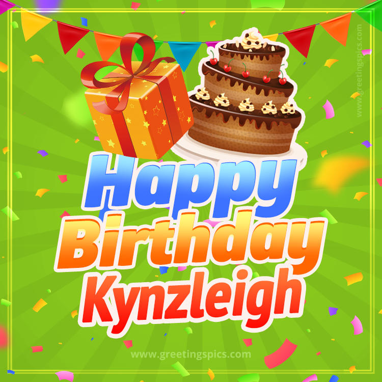 Happy Birthday Kynzleigh picture with flags, chocolate cake and gift box (square shape image)