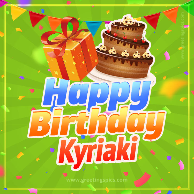 Happy Birthday Kyriaki picture with flags, chocolate cake and gift box (square shape image)