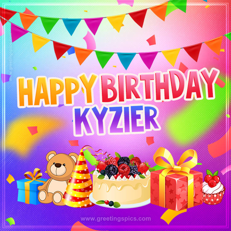 Bright card with Wishes for a Happy Birthday for Kyzier (square shape image)