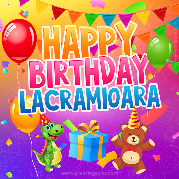 Happy Birthday Lacramioara Image for a child with cute dinosaur and bear (square shape image)