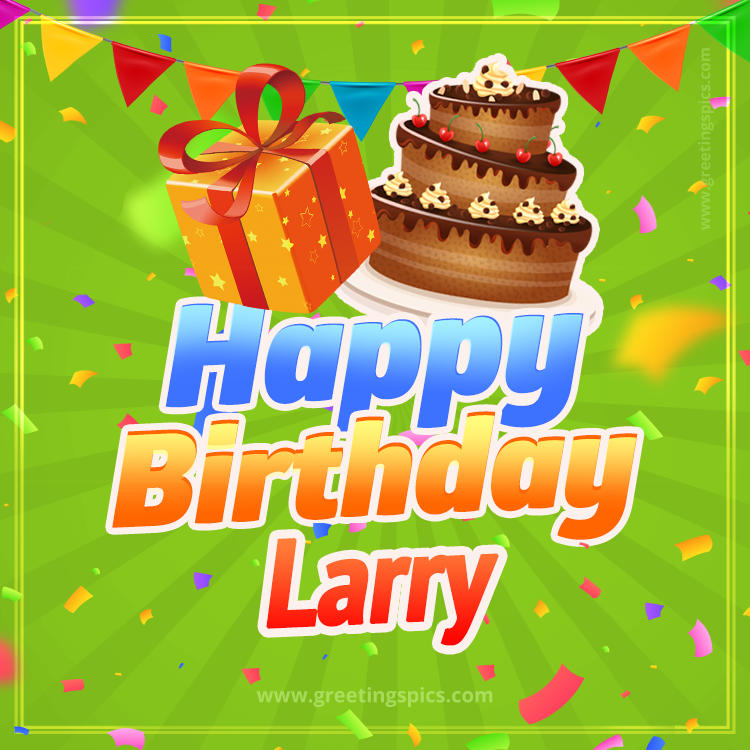 Happy Birthday Larry picture with flags, chocolate cake and gift box (square shape image)