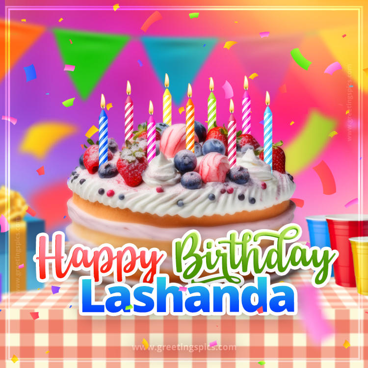 Happy Birthday Lashanda Colorful Image with fruit cake and candles (square shape image)