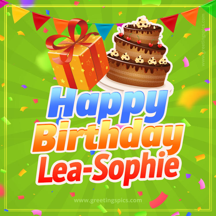 Happy Birthday Lea-Sophie picture with flags, chocolate cake and gift box (square shape image)