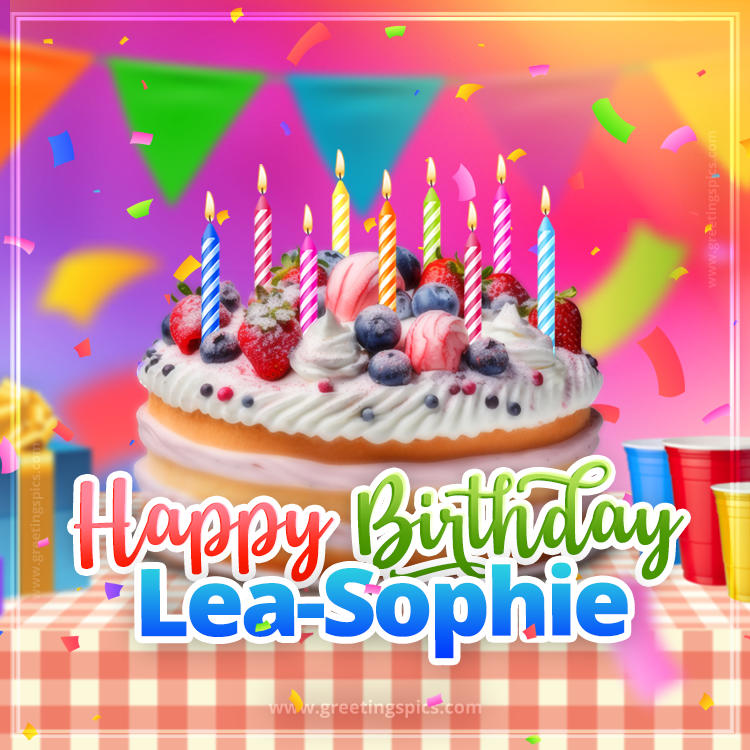 Happy Birthday Lea-Sophie Colorful Image with fruit cake and candles (square shape image)