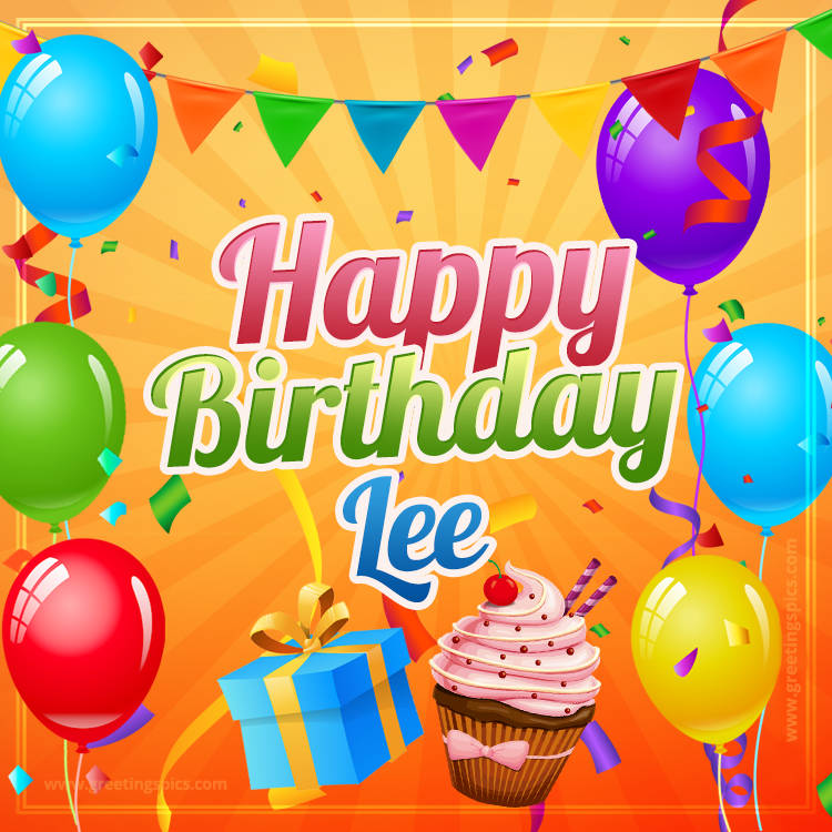 Happy Birthday Lee eCard with gift box and cupcake (square shape image)