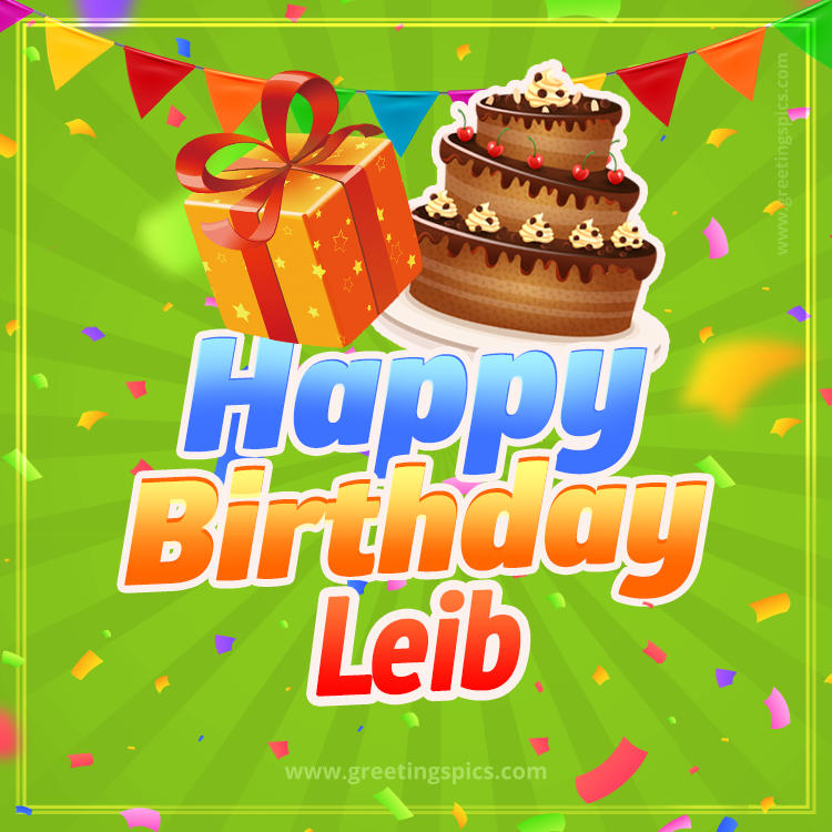Happy Birthday Leib picture with flags, chocolate cake and gift box (square shape image)