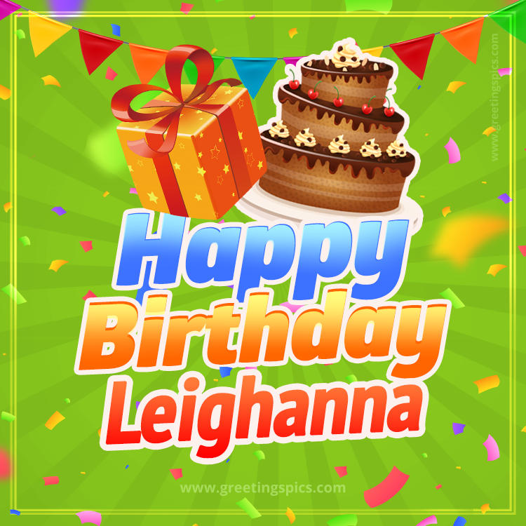 Happy Birthday Leighanna picture with flags, chocolate cake and gift box (square shape image)