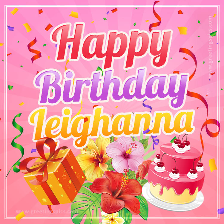 Beautiful Birthday Card for Leighanna with Cake and bouquet of flowers (square shape image)