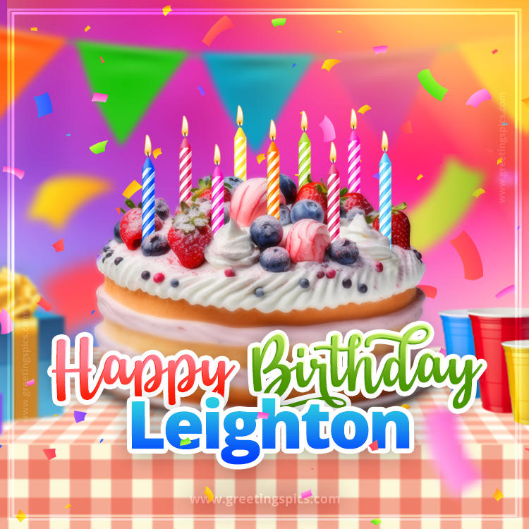 Happy Birthday Leighton Colorful Image with fruit cake and candles (square shape image)