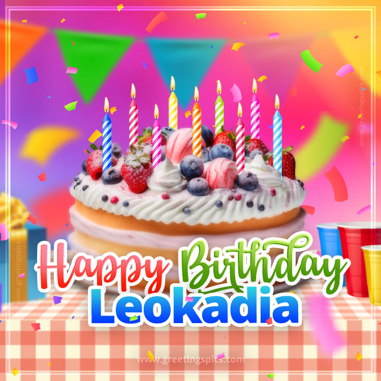 Happy Birthday Leokadia Colorful Image with fruit cake and candles (square shape image)