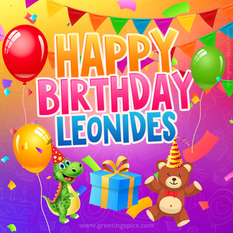 Happy Birthday Leonides Image for a child with cute dinosaur and bear (square shape image)