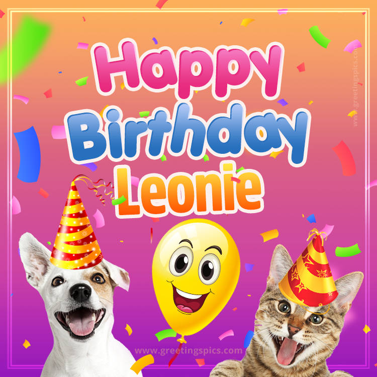 Happy Birthday Leonie Funny Image with cat and dog (square shape image)