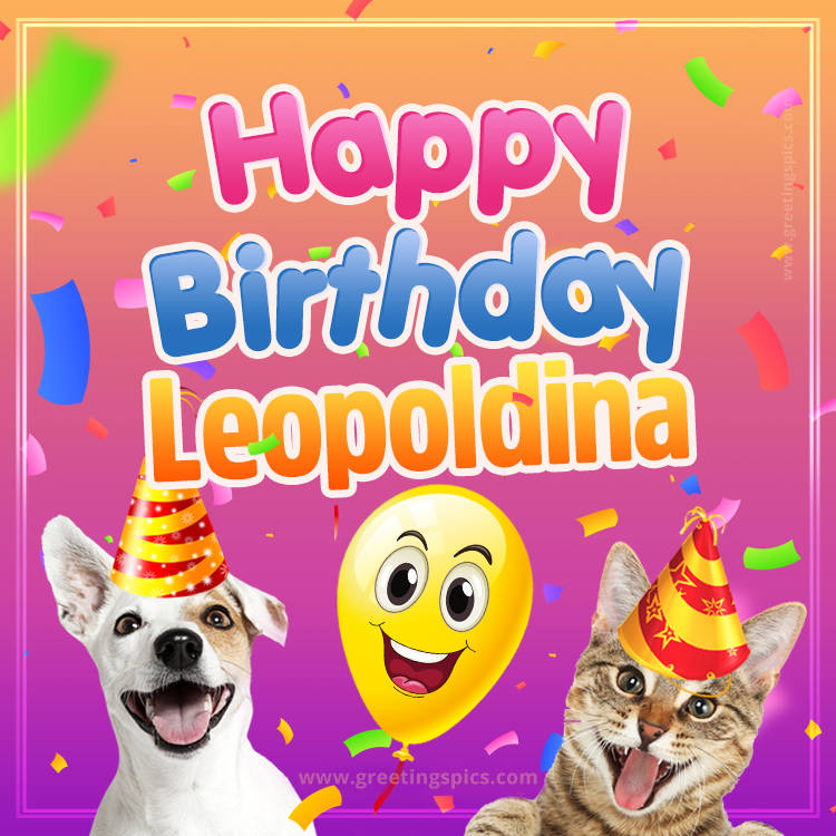 Happy Birthday Leopoldina Funny Image with cat and dog (square shape image)