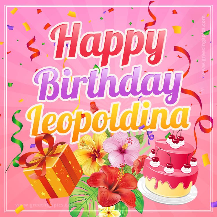 Beautiful Birthday Card for Leopoldina with Cake and bouquet of flowers (square shape image)